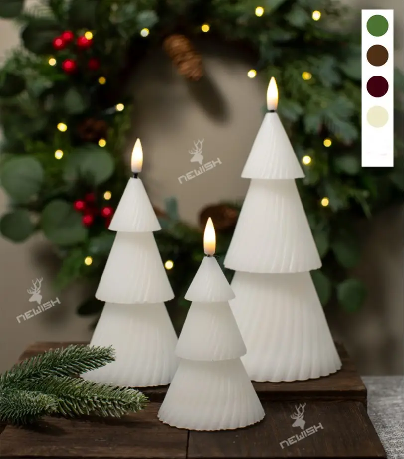 Newish Set/3 candele di cera per la decorazione della casa di paraffina multicolore a batteria 2AAA a forma di albero verde di natale