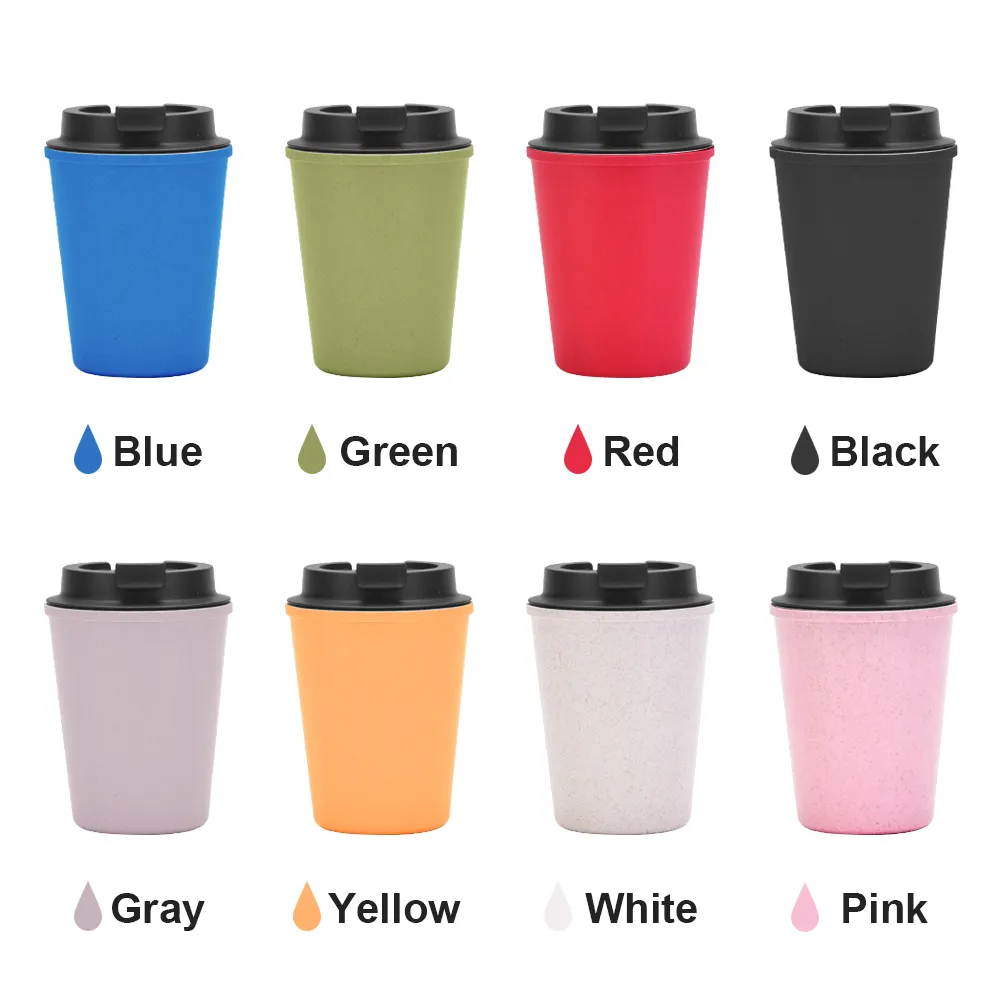 Hot Sale 350ml Doppelwandige Plastik wasser flaschen becher Umwelt freundliche Mini-Kaffeetasse Weizens troh Tragbar mit versiegeltem Deckel