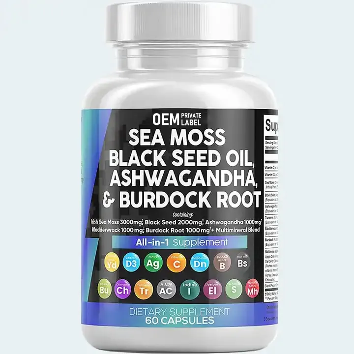 OEM Irish Sea Moss Kapseln Komplex Sea Moss Advanced Plus Kurkuma extrakt 95% mit Blasen tang & Kletten wurzel