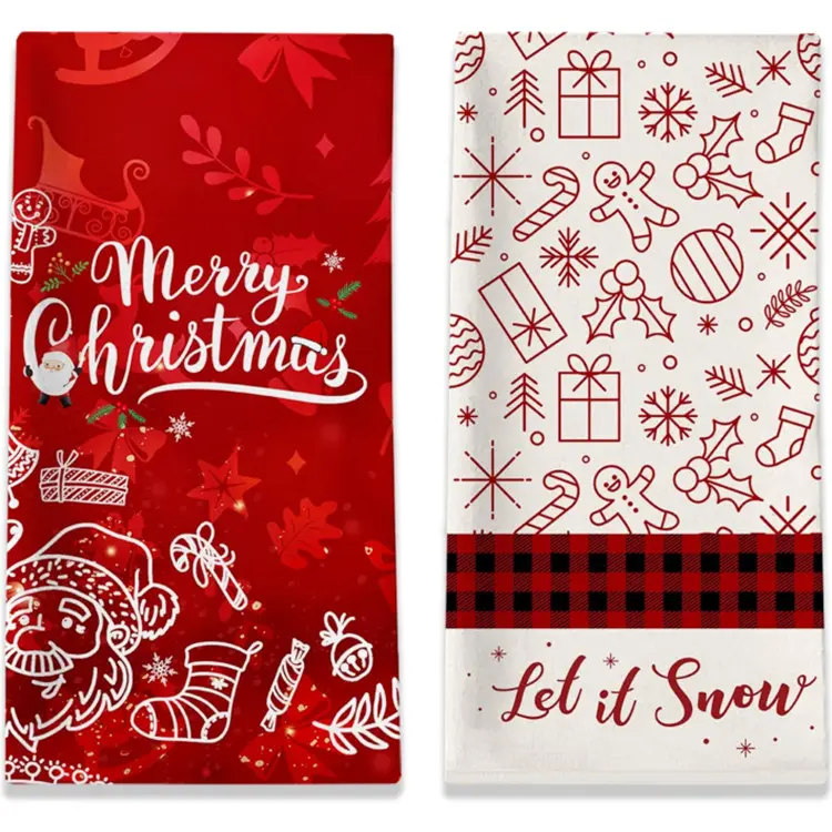 क्रिसमस थीम वाले रसोई तौलिया डबल मुद्रित कस्टम डिजाइन लिंट मुक्त मशीन धोने योग्य चाय तौलिया