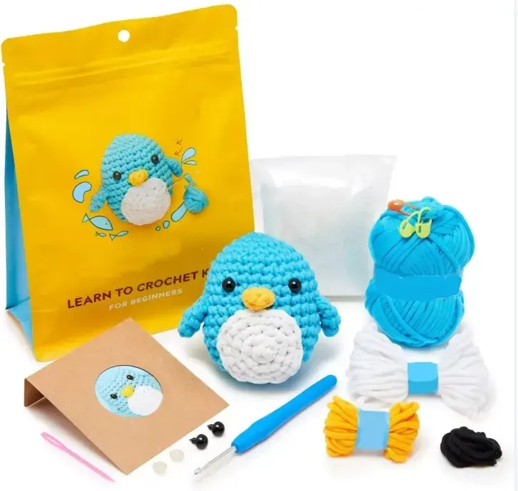 Easy to follow DIY crochet kit with penguin shaped DIY tube yarn crochet kit for beginners hobby kit