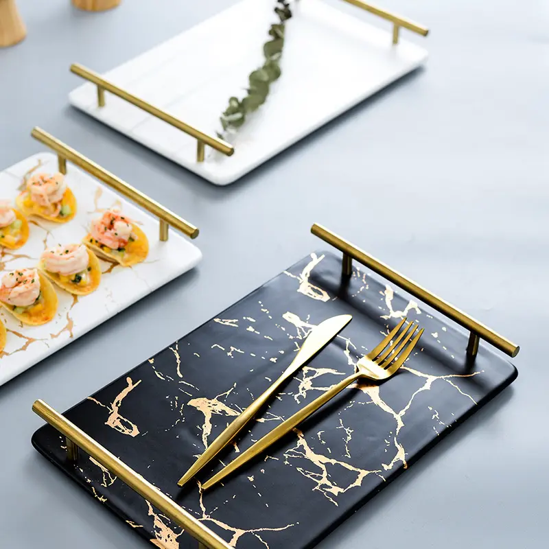 Wholesale china tray nordic style gold luxury colorful storage decorative ceramic serving tray with handles