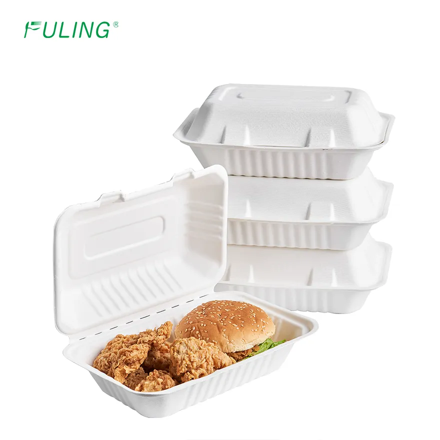 FULING biodégradable 9*6 canne à sucre Bagasse pâte à papier à emporter nourriture boîte à déjeuner conteneur d'emballage à clapet