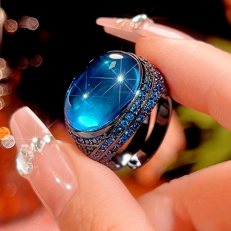 adjustable size Black gold Blue pointed crystal ring
