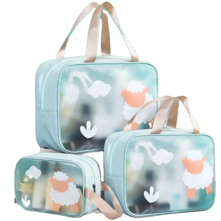 Özel Logo kadınlar su geçirmez seyahat şeffaf pembe mavi PVC fermuarlı kozmetik çantası çantası net makyaj çantaları