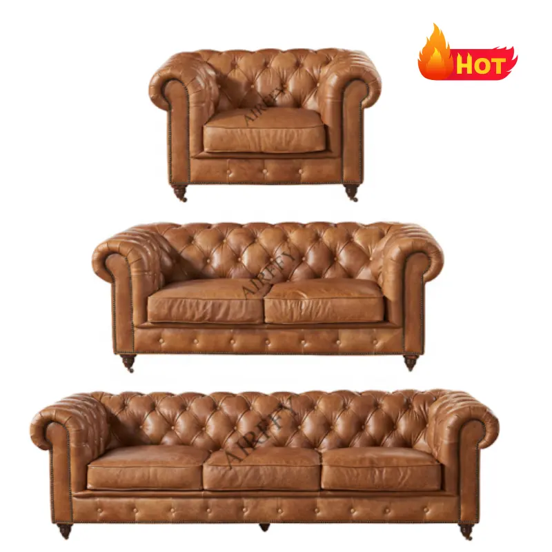 AIRFFY OEM/ODM américain moderne ensemble de canapés bruns meubles en cuir véritable salon ensemble de canapés en cuir Chesterfield meubles