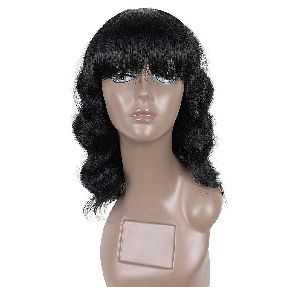 Machine-Made 12-Inch Medium Length Lace Bob Bangs Loose Style Remy Brazilian Full Wig for Women Loose Wave Curly Wig