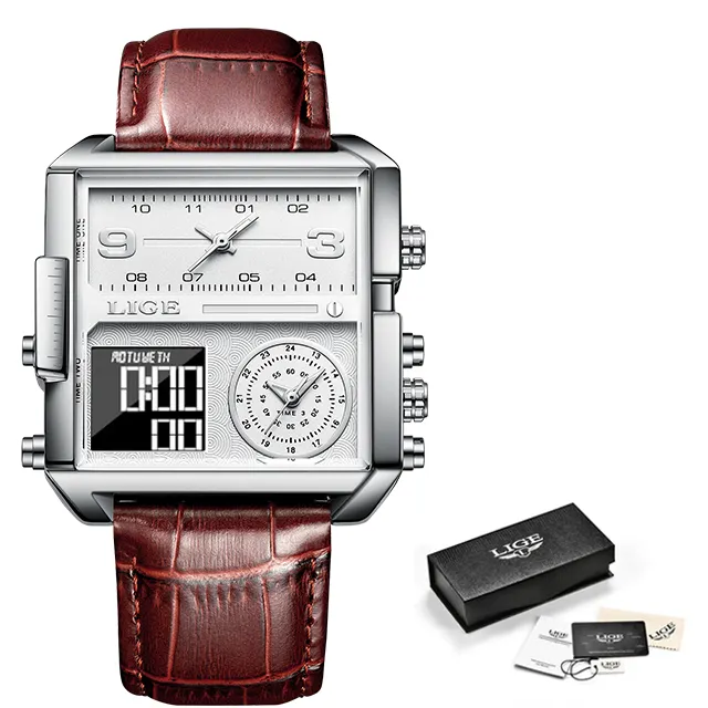 LIGE jam tangan elektronik Digital pria, arloji Quartz Analog olahraga tahan air