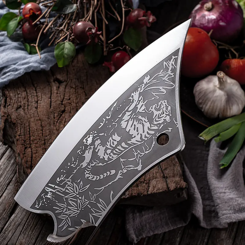 새로운 제품 아이디어 2023 호랑이 패턴 wenge 나무 손잡이 고급 손 단조 칼 도살 칼 가정용 세르비아 뼈 칼