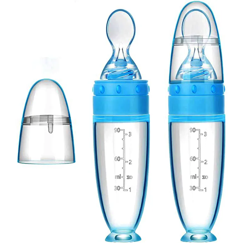Mamadeira de silicone para bebês 90ml, colher de alimentação para recém-nascidos, alimentador de apertar, garrafas de bebê, fonte de alimentação sólida com colher de dispensamento