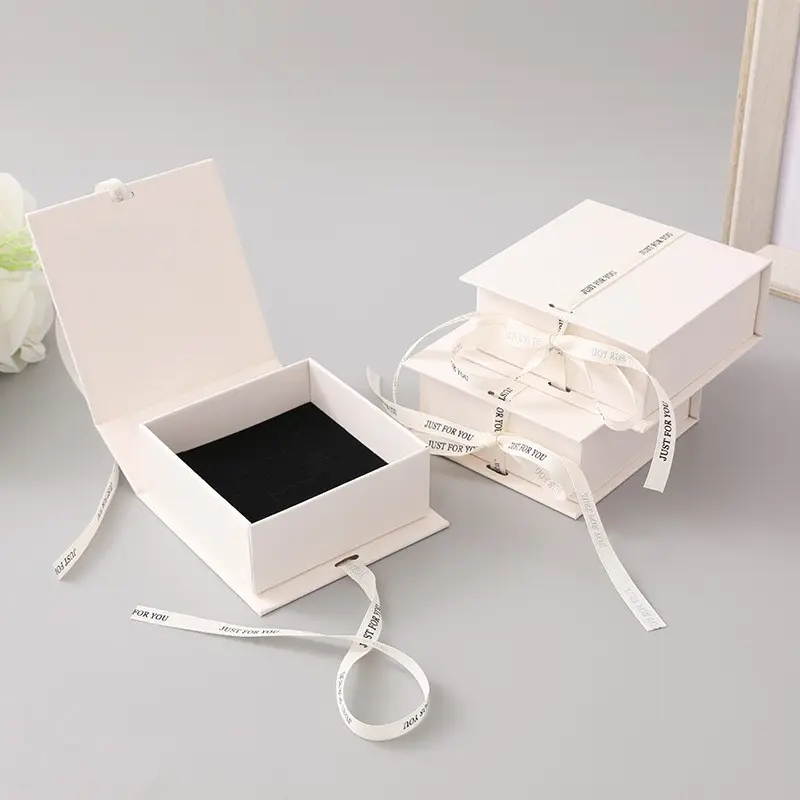 Clamshell Jewelry Gift Paper Box Bow Ribbon Book Type Ring Earrings Necklace Foldable Cardboard Jewelry Packaging Box with Tie