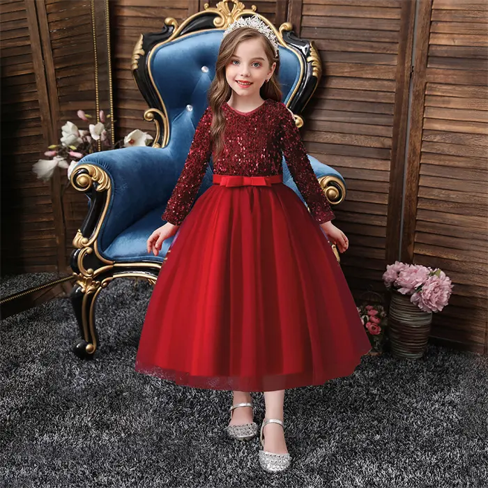 Nova lantejoulas vestido de princesa criança, vermelho, vestido de casamento para meninas de 10 anos de idade, manga comprida, uma peça, vestidos de festa para meninas