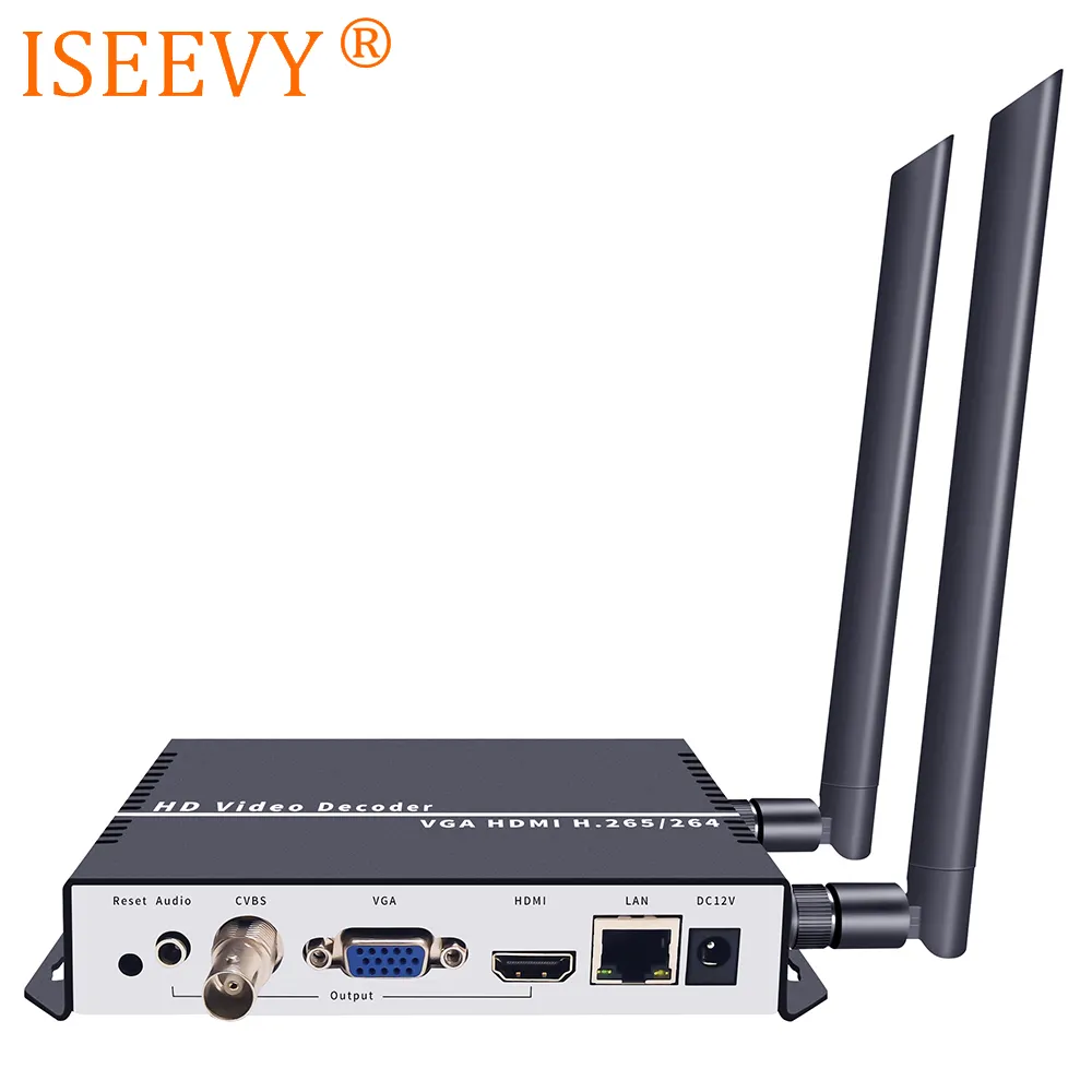 ISEEVY WiFi H.265 H.264 de vídeo IP decodificador con HD VGA CVBS salida apoyo RTMP RTSP SRT UDP HTTP corriente de decodificación