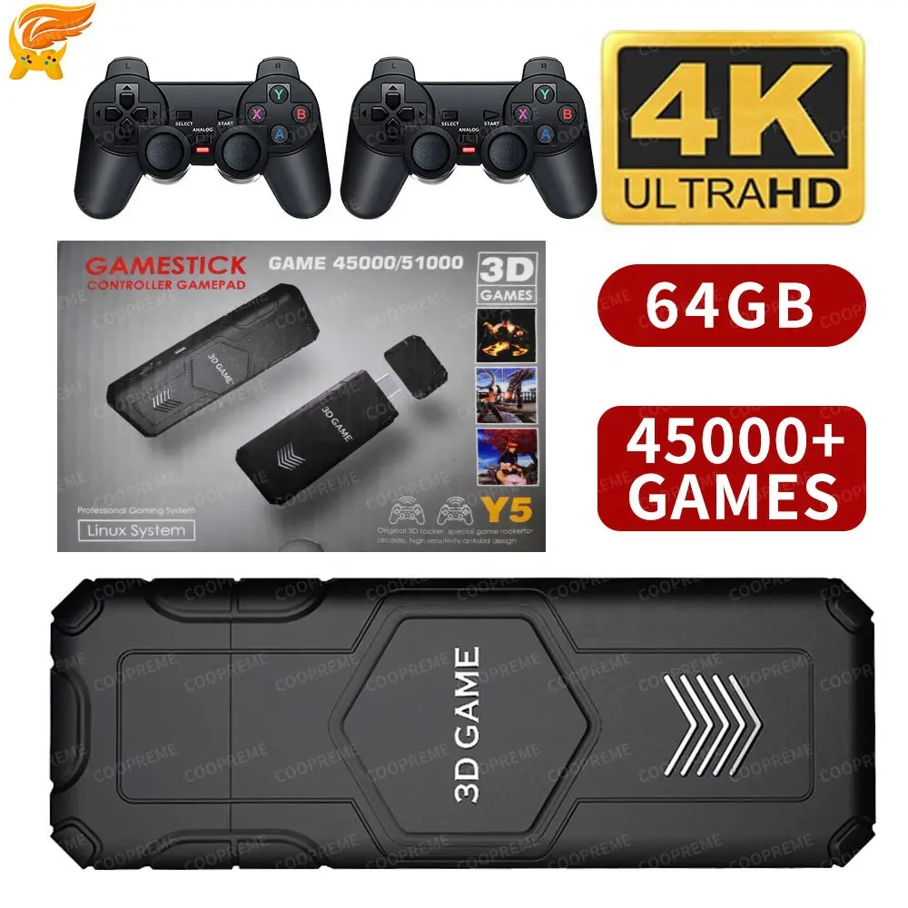 Y5 4K 3D 게임 스틱 콘솔 de videohuegos 비디오 게임 콘솔 무선 컨트롤 또는 충전식 컨트롤이있는 게임 스틱