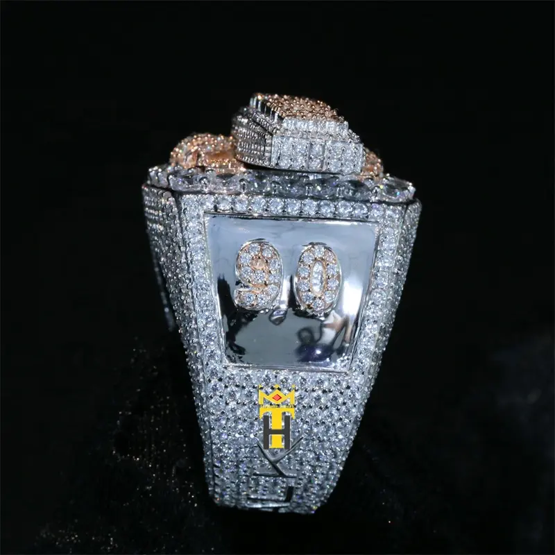 Anel masculino de prata de hip hop iced out, anel dourado rosa de lei 925 totalmente cz campeão de diamante personalizado