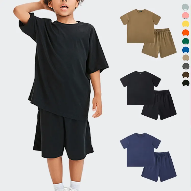 Kinderen Unisex Oversized Drop Shoulder Boxy Tee Korte Outfits Custom Logo Katoenen Jongens Zomer Kleding Korte Set