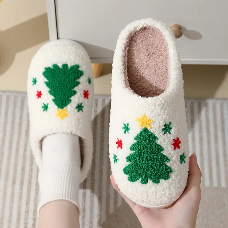 5 Colors Winter Home Slippers Christmas Tree Print Fuzzy Warm Plush Slippers for Women