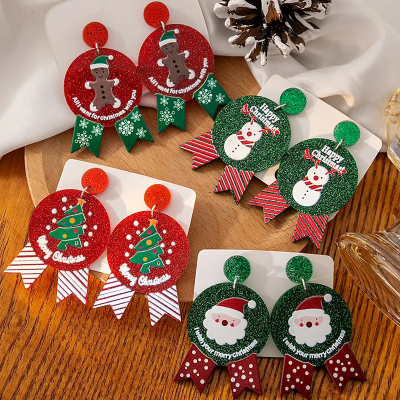 Simpatici orecchini a bottone natalizi a forma di cerchio di babbo natale con pupazzo di neve in acrilico per ragazze adolescenti