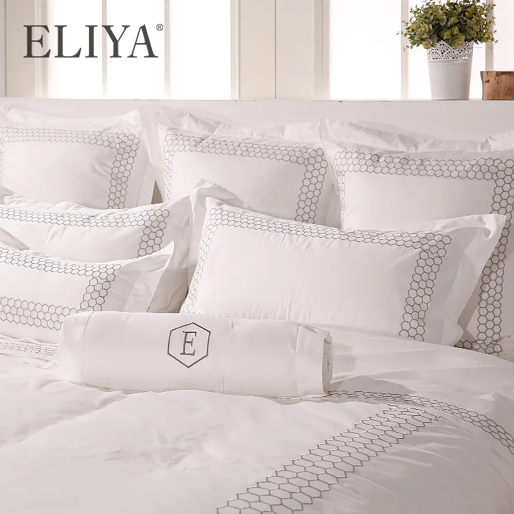 Bán Buôn Thêu 100% Cotton Tinh Khiết Trắng Satin Luxury Hotel Sheets Bed Set
