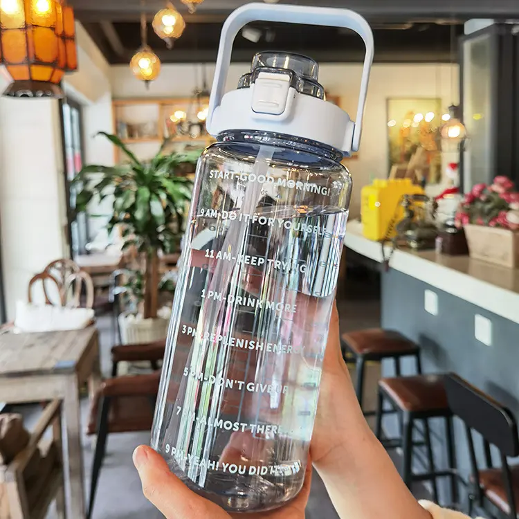 Bouteille d'eau de sport en plastique hdpe transparent, avec paille, grande capacité, 2 litres, demi-ons