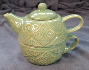 2合1粉色釉面陶瓷茶壶杯具压花粗陶茶壶套装 - Product Image 6