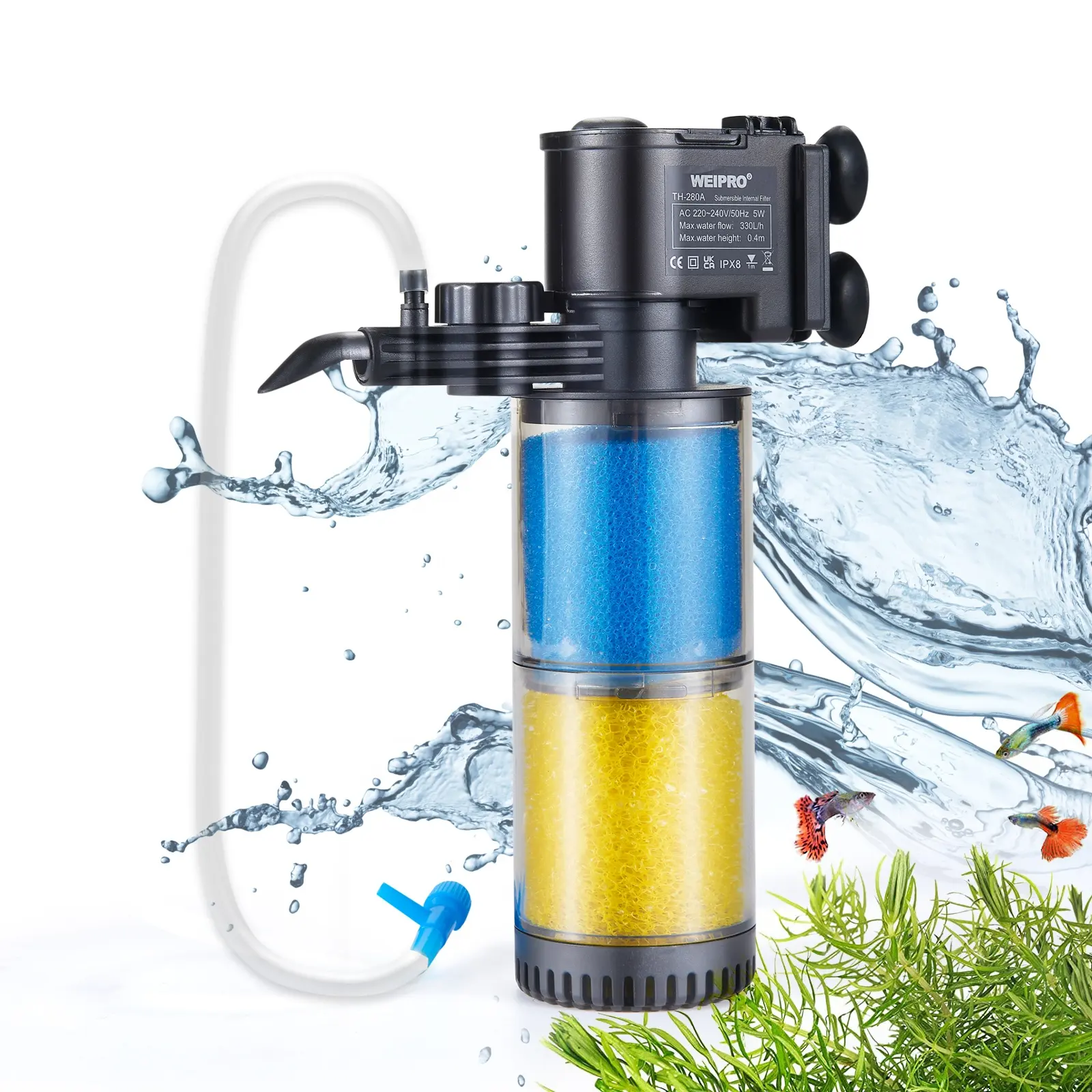 Weipro Kleine 5W Meerlaagse Dompelbare Aquariumfilter, Sterke Zuigkracht, Verstelbare Waterstroom Interne Aquariumfilter