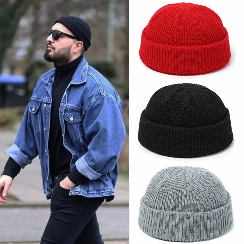 Vente en gros, marque privée, pêcheur acrylique Docker tête de mort, manchette courte, trawl, bonnet tricoté, chapeau