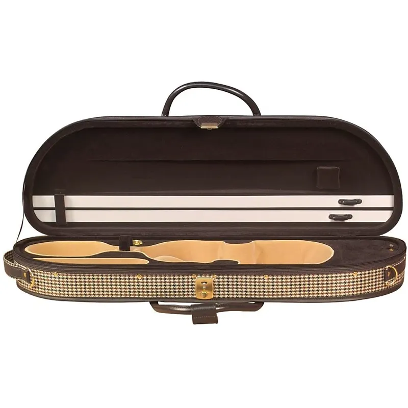 Two-tone padded Half moon shaped rigid foam shell Violin Case with Houndstooth fabricis exterior provides lightweight stylish