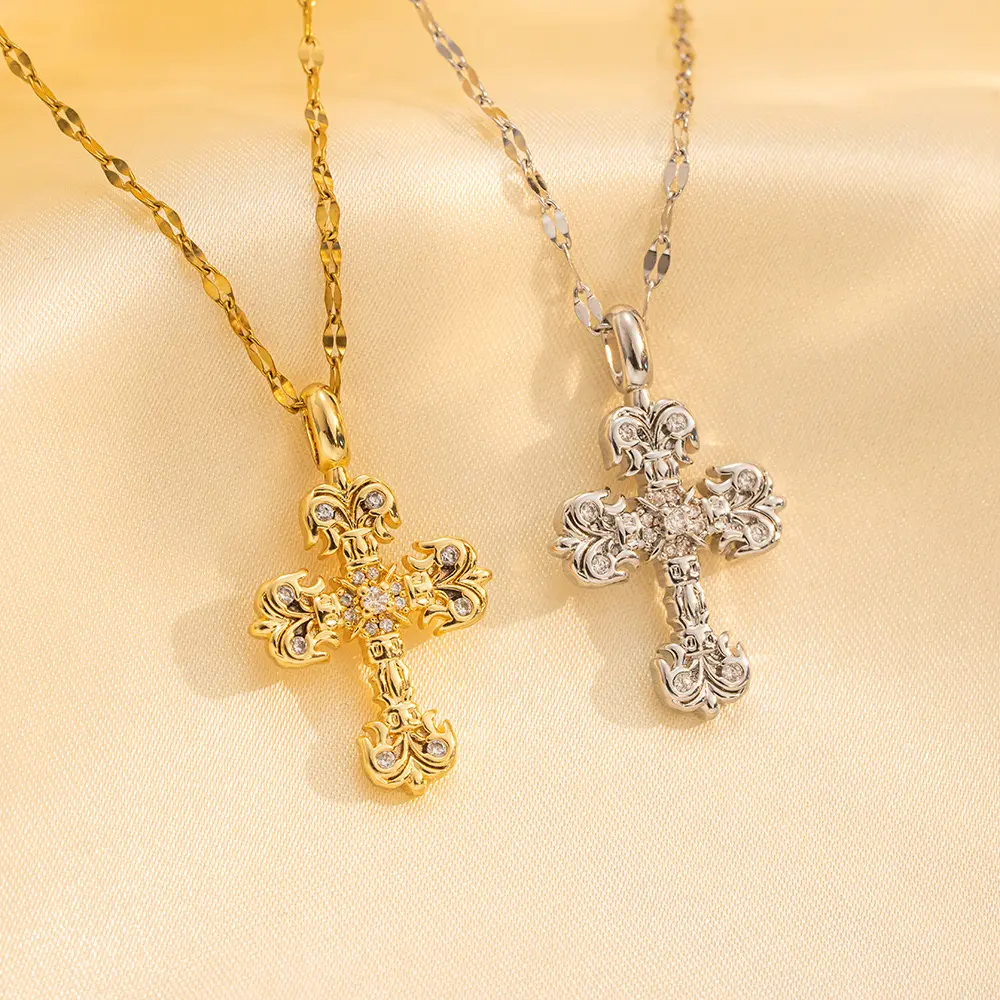 Vintage Crystal Clear Leaf Cross Royal Crystal Women's Necklace Pendant Gold Shimmering Necklace Women's Cross