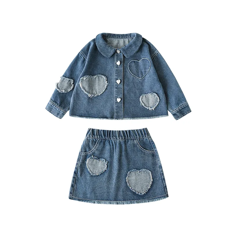 custom children clothes Denim jacket patchwork heart-shaped jeans skirt fashionable versatile outfit kids girls clothing set