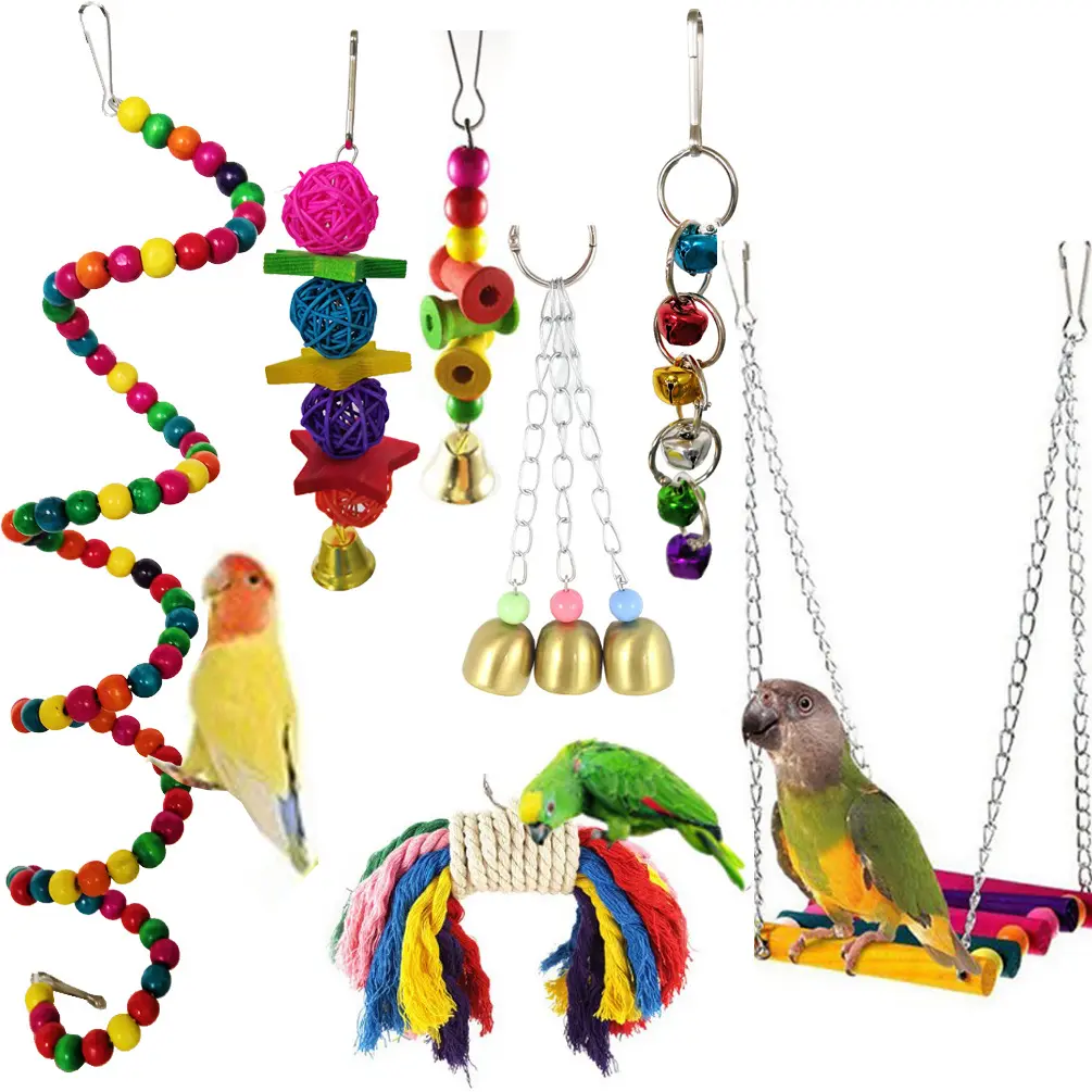 Hot Selling Parrot Bite Bird Toy Parrot Chew Toy Swing Bell String Rattan Ball Bite Set Plastic Picture Pet Toys Custom Sizes