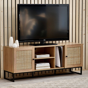 YuanFuホーム家具モダンキャビネットオークラタンモダンテレビコンソールスタンドドア付き