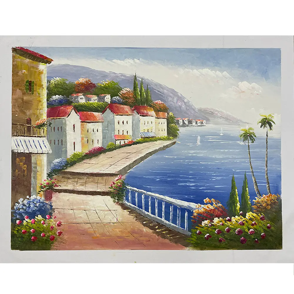 Pintura al óleo hecha a mano de alta calidad Pueblo Mediterráneo paisaje marino textura pesada pintura al óleo sobre lienzo arte