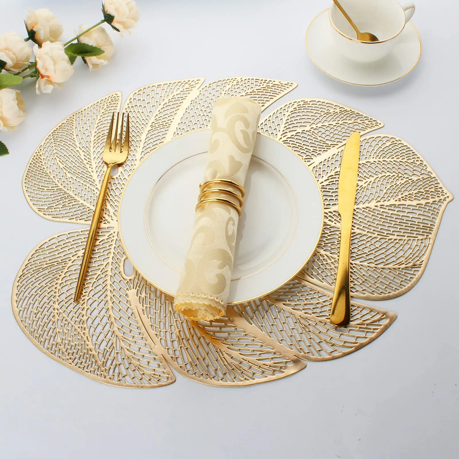 Individuales de vinilo en forma de hoja para mesa de cena, manteles de mesa resistentes al calor, de plástico metálico, Verde