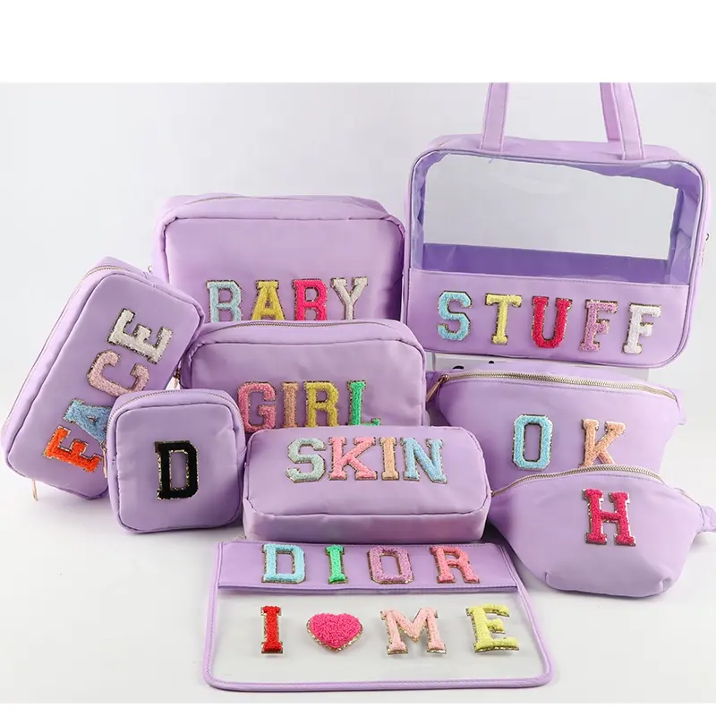 Stock Glitter Chenille Letters Makeup Bags for Women Flat Zipper Pouch for Girls Travelling Nylon Zipper Pouch