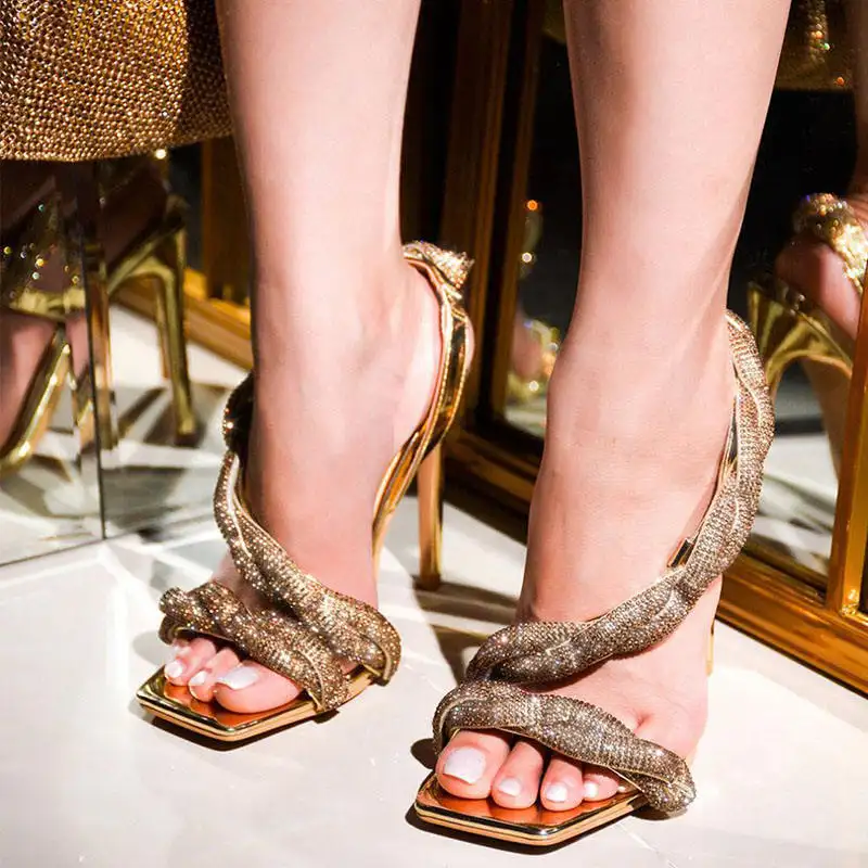 Taiyu Usine En Gros Mode Sexy Solide Strass Décoration Carré Tête Sangle Chaussures Sandales Femme Dames Talons Aiguilles