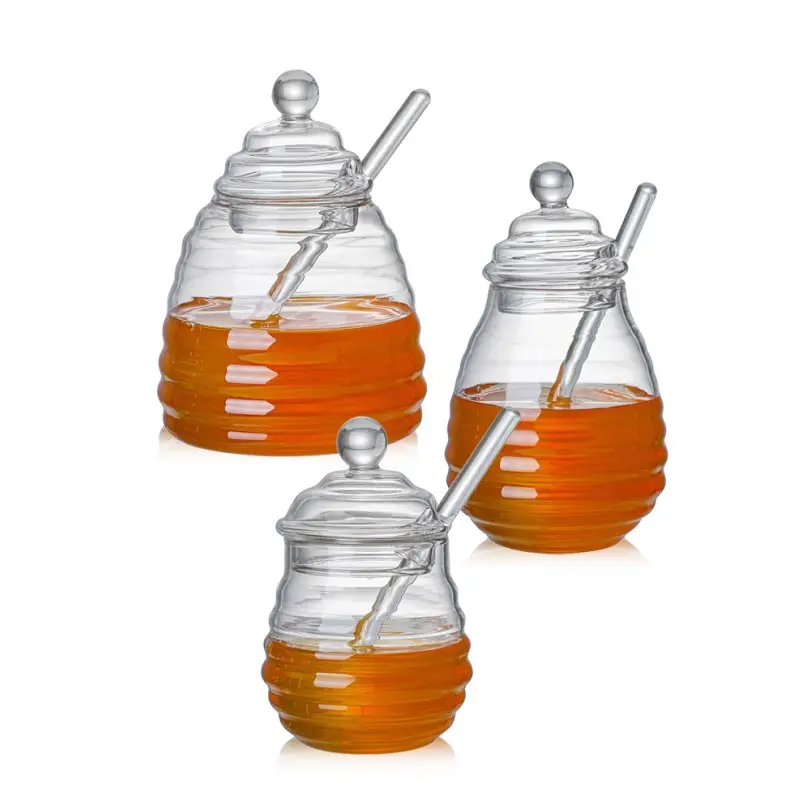 לוגו מותאם אישית borosilicate זכוכית בצורת מיכל אחסון בקבוק דבש דבורה צנצנת עם מכסה ודבורים