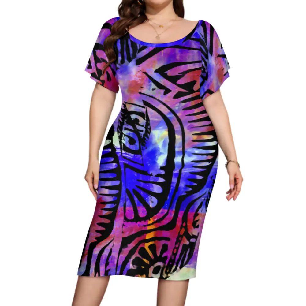 플레어 슬리브 도매 캐주얼 인쇄 드레스 디자인과 하이 퀄리티 사용자 정의 폴리네시아 사모아 부족 패턴 원피스 새로운