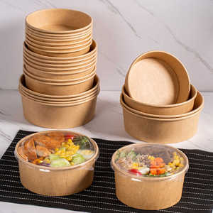 <span class=keywords><strong>8Oz</strong></span> 16Oz 32Oz yuvarlak kahverengi kase kapaklı salata kabı tek kullanımlık öğle yemeği kutusu Kraft kağıt ambalaj kase götürmek