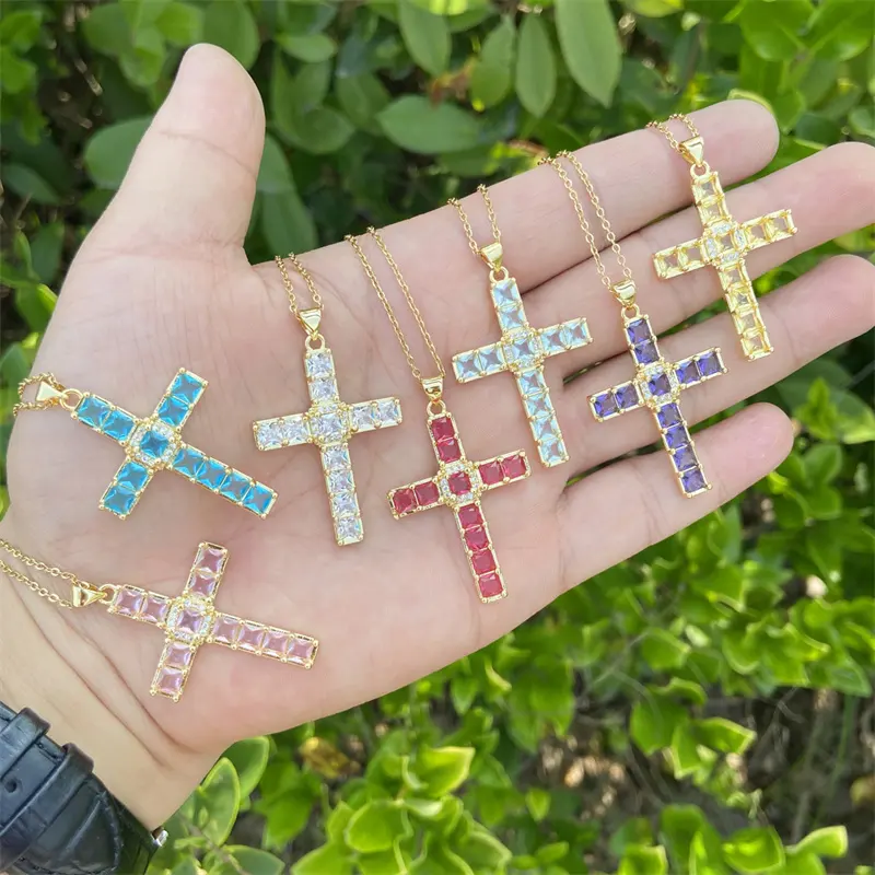 Модные ювелирные изделия позолоченный бриллиант религиозный крест Иисус кулон ожерелье Красочный кубический цирконий крест ожерелье