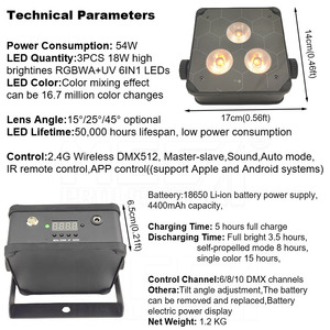 3x18W RGBWA + UV Mini Flat Wireless DMX Batería recargable LED Wedding Stage Par Up light con control remoto y aplicación - Product Image 2