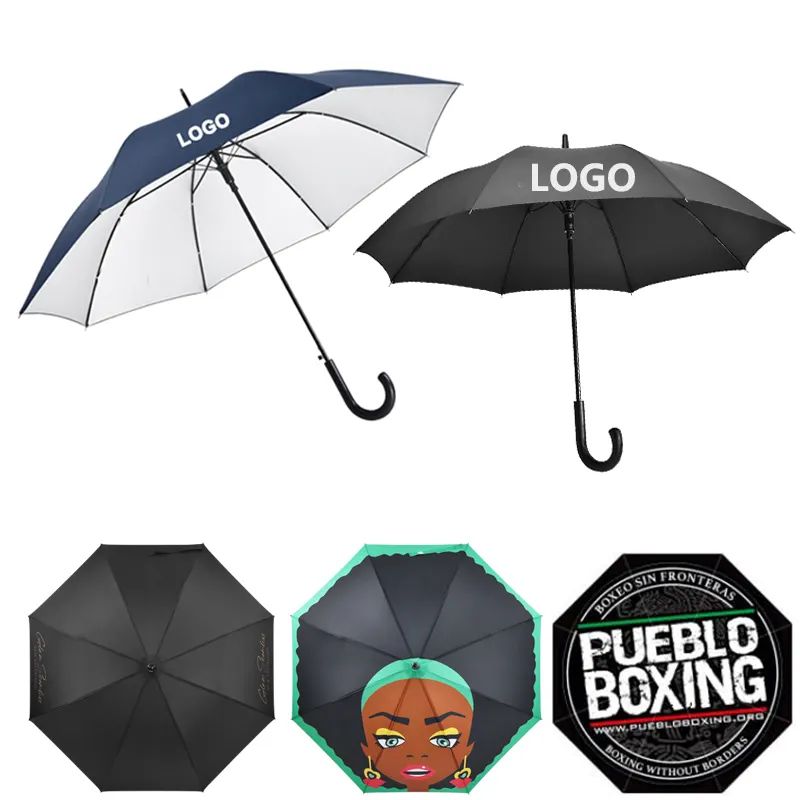 Parapluie droit avec logo imprimé pour hommes, résistant à la pluie, coupe-vent, long bâton de marque, cadeau