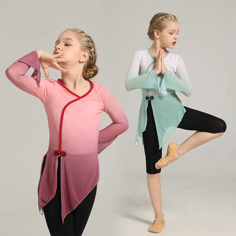 Ropa de práctica de baile de Ballet clásico para niños, camisetas de Ballet de manga de trompeta de malla elegante para niñas, camisetas de baile con rima nacional china