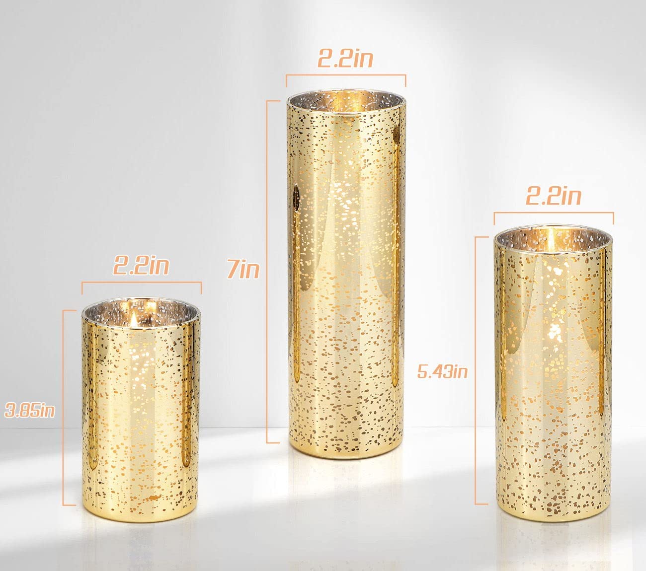 Gold Pillar Candle Holders (D:2.2'') Mercury Glass Candle Holder 3pcs, Gold Wedding Centerpieces Cylinder Glass Vase
