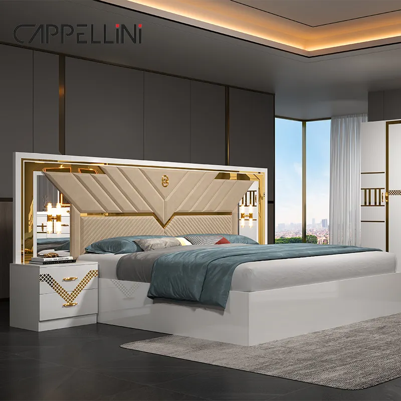 Barato al por mayor de madera King Size cama doble cuero cabecero Master Room lujo completo Mdf moderno dormitorio muebles conjunto