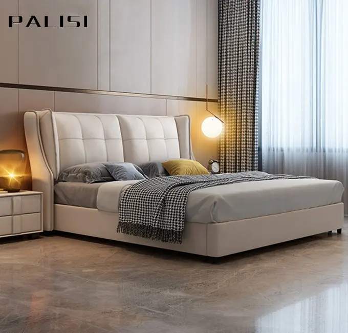 Juego de cama tapizado de cuero genuino para el hogar, mueble moderno de lujo, de alta calidad, personalizado, doble cama de cuero de imitación, color Beige