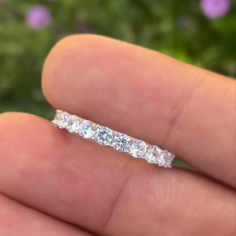 Vermeil Sterling Silber Ehering für Frauen Feiner Schmuck Bijoux 2mm Diamant Runds chliff Ewigkeit Moissan ite Ring