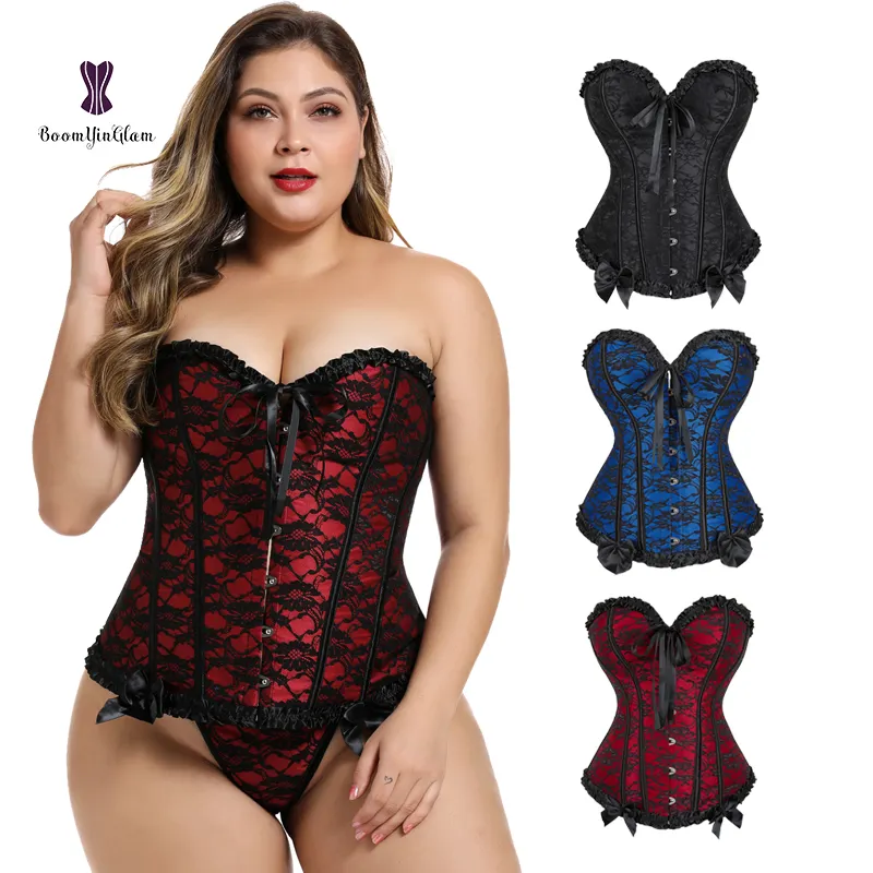 Mulheres decoração rendas overbust cincher bustier e espartilho vermelho sexy corset maduro