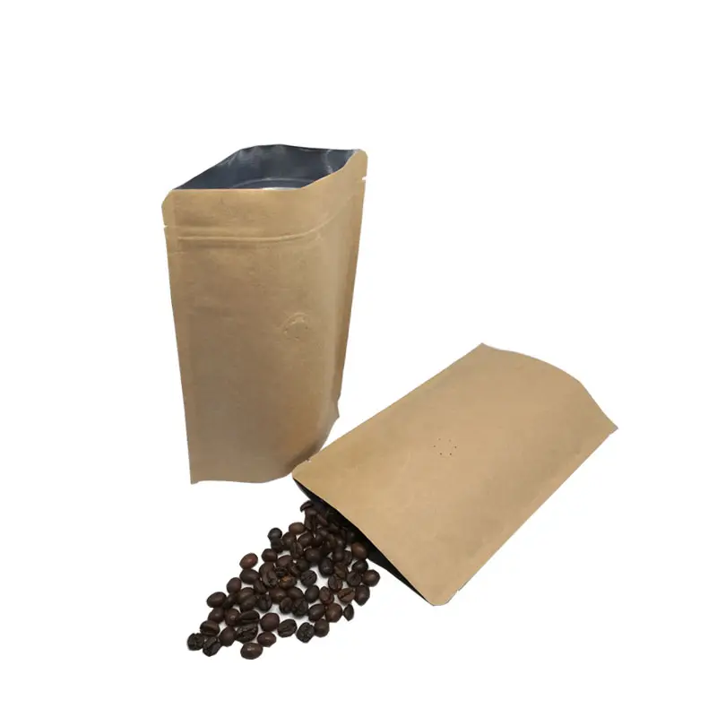 Özel baskılı bio açılıp kapanabilir çanta açık kahverengi altın çay kahve fermuarlı dik duran poşetler