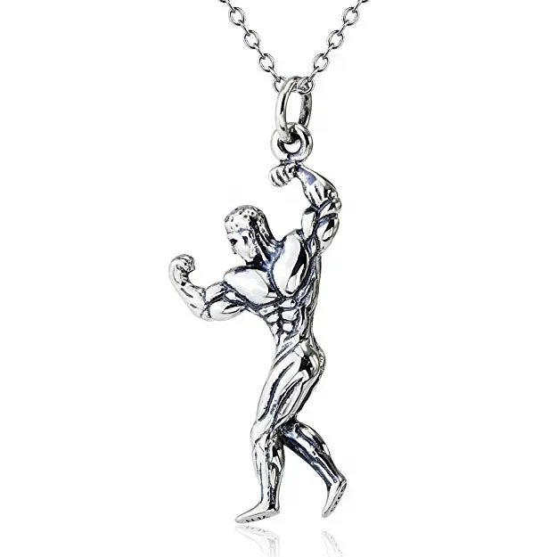 925 Sterling Silber Muscle Man Bodybuilder Anhänger Bizeps Flex Sport Halskette Männer Schmuck